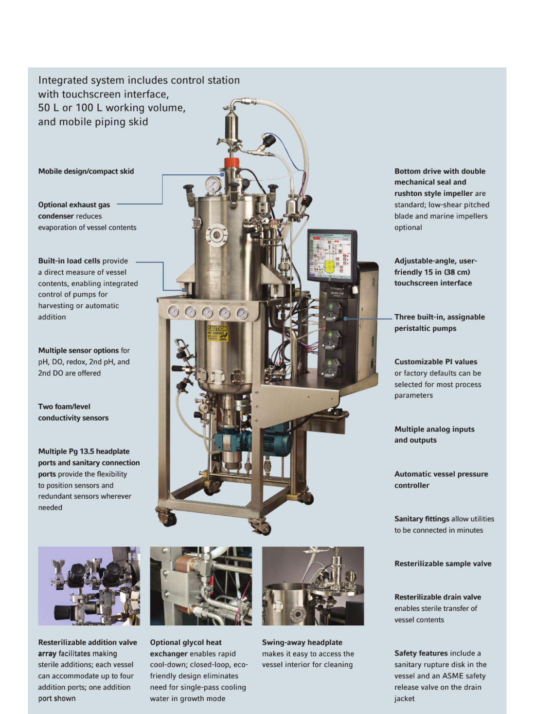 BioFlo 610 z opisanymi elementami skidu, zbiornika i kontrolera