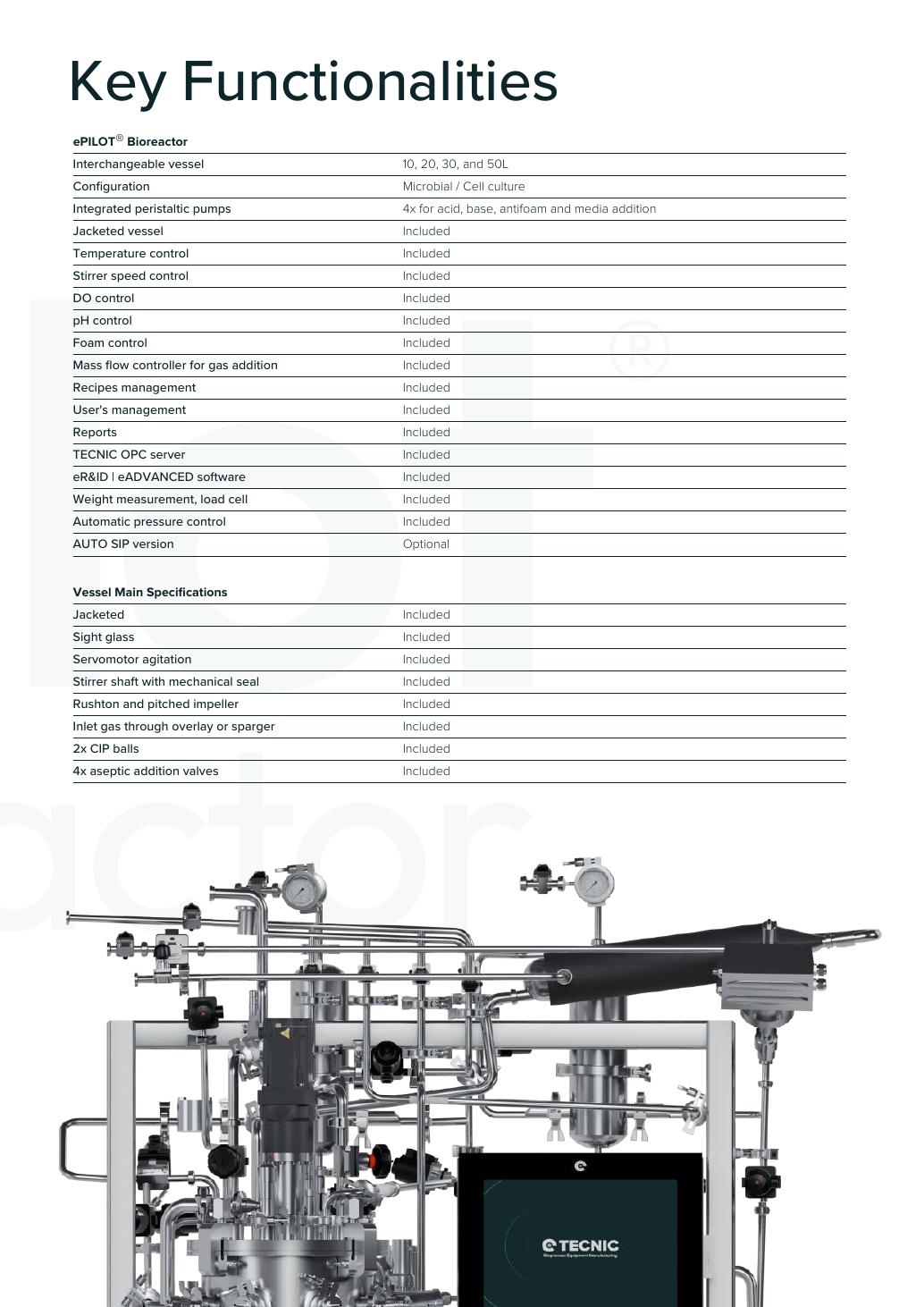 TECNIC ePILOT Bioreactor MU — oficjalna plansza karty technicznej z urządzeniem, funkcjami lub rzeczywistym HMI.